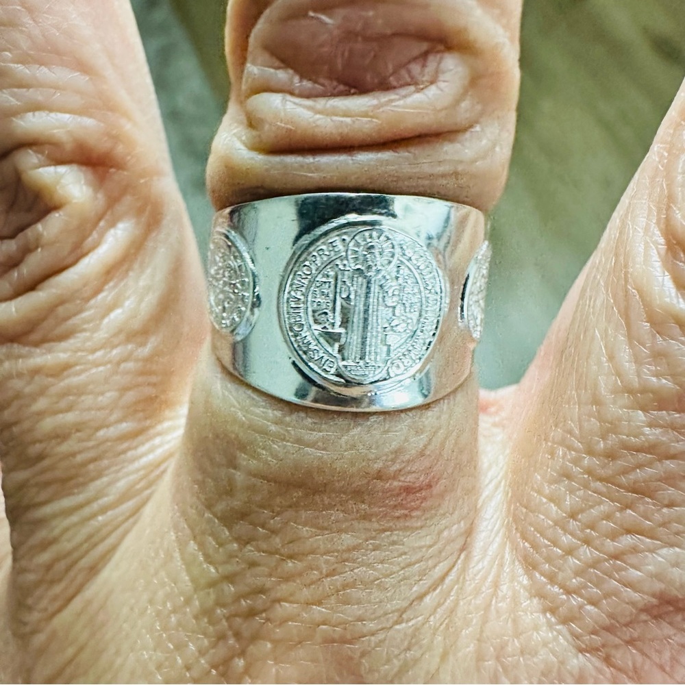 Silver Chunky Jewelry Ring with Engraved Saint Benedict Catholic Christian - Picture 13 of 16